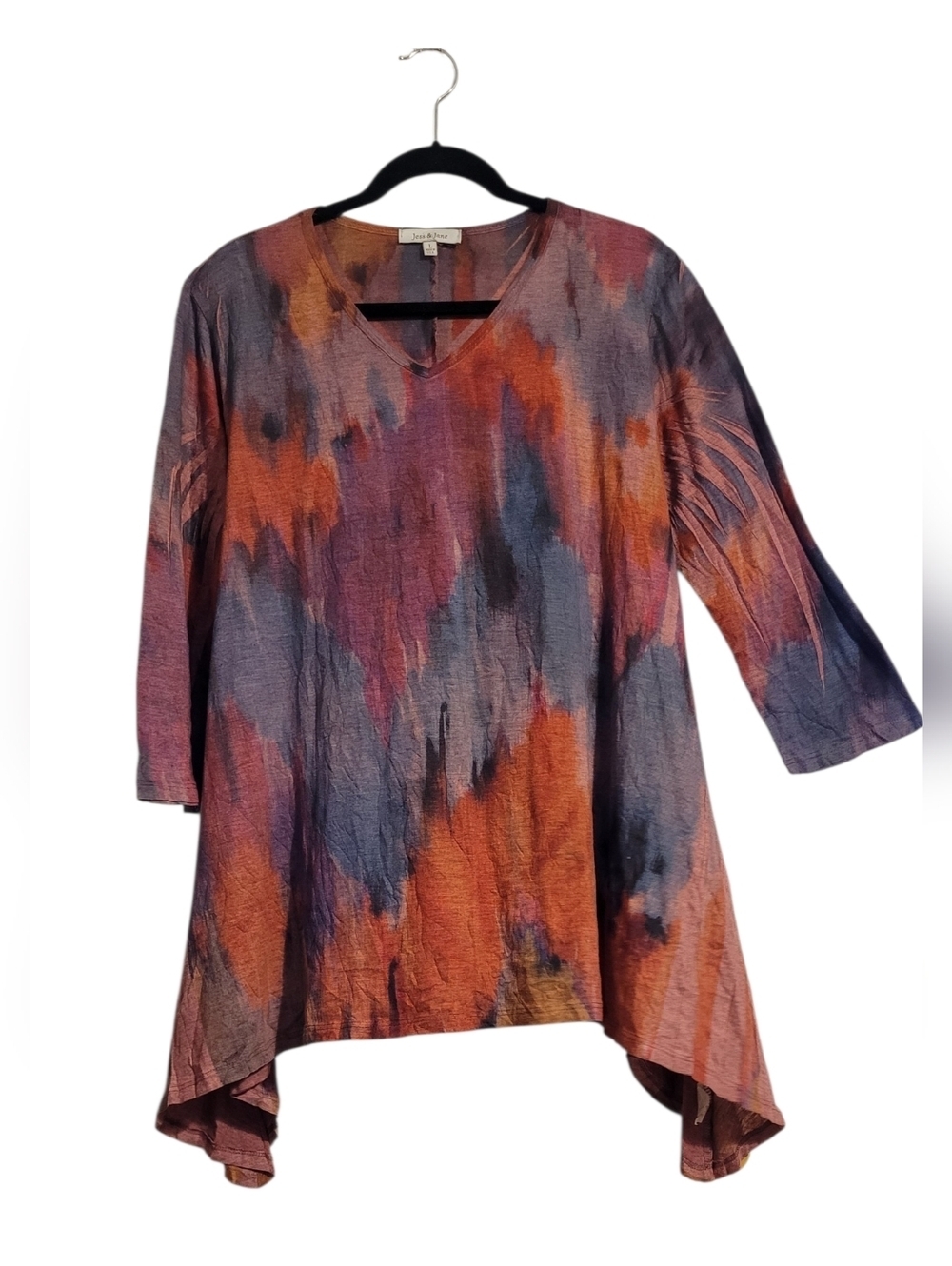 Jess & Jane Dark Water Colors Tunic Top V-neck Asymmetrical Sharkbite Hem Wmn L